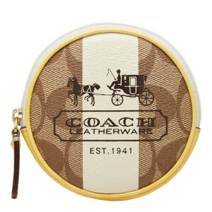 Coach Signature Circular Wallet/Coin Purse, Beige, White, Yellow Leather, Wom...